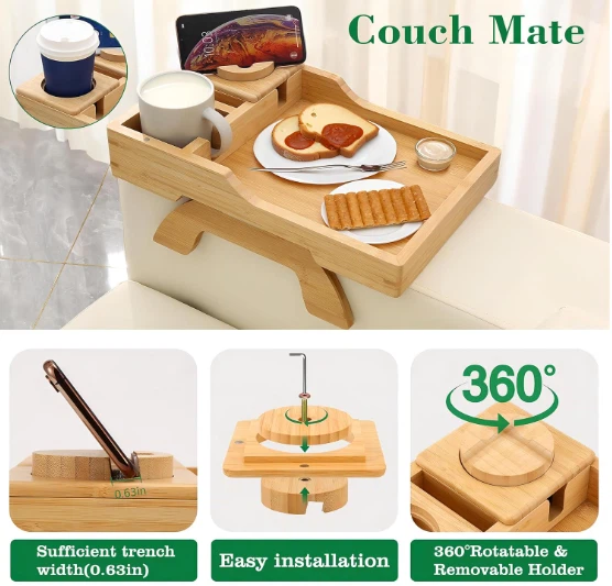 Multi-Function Sofa Armrest Tray With 360°Rotating Phone&Pad Bracket