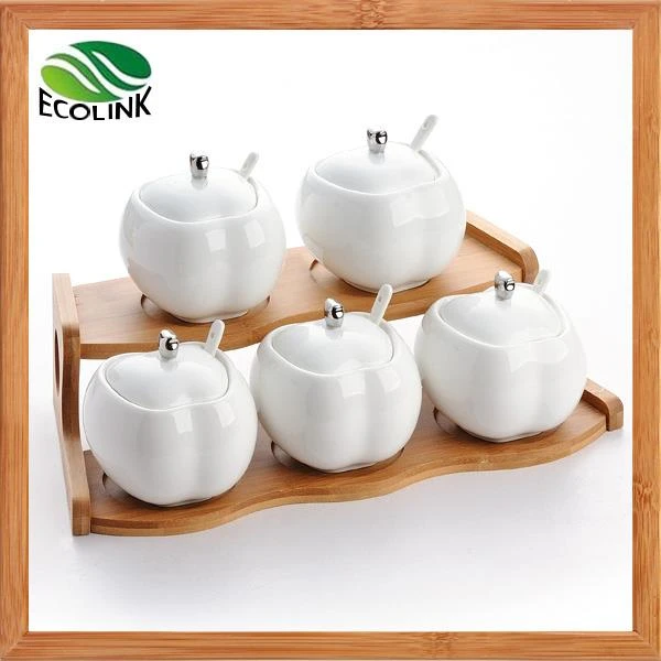 5 Pieces Ceramic Spice Jar With Bamboo Rack
